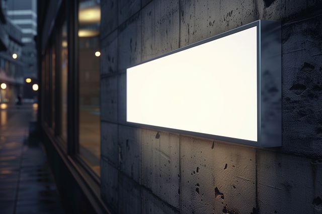 שלט מואר לד מלבני תלוי על קיר. צילום בחושך